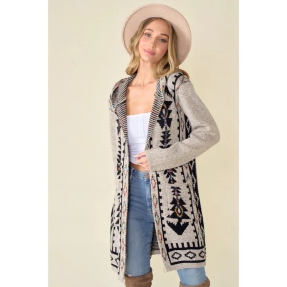 SOLD OUT Oatmeal Aztec Rainbow Western Hooded Knit Cardigan Long Sleeve Open - Picture 14 of 14
